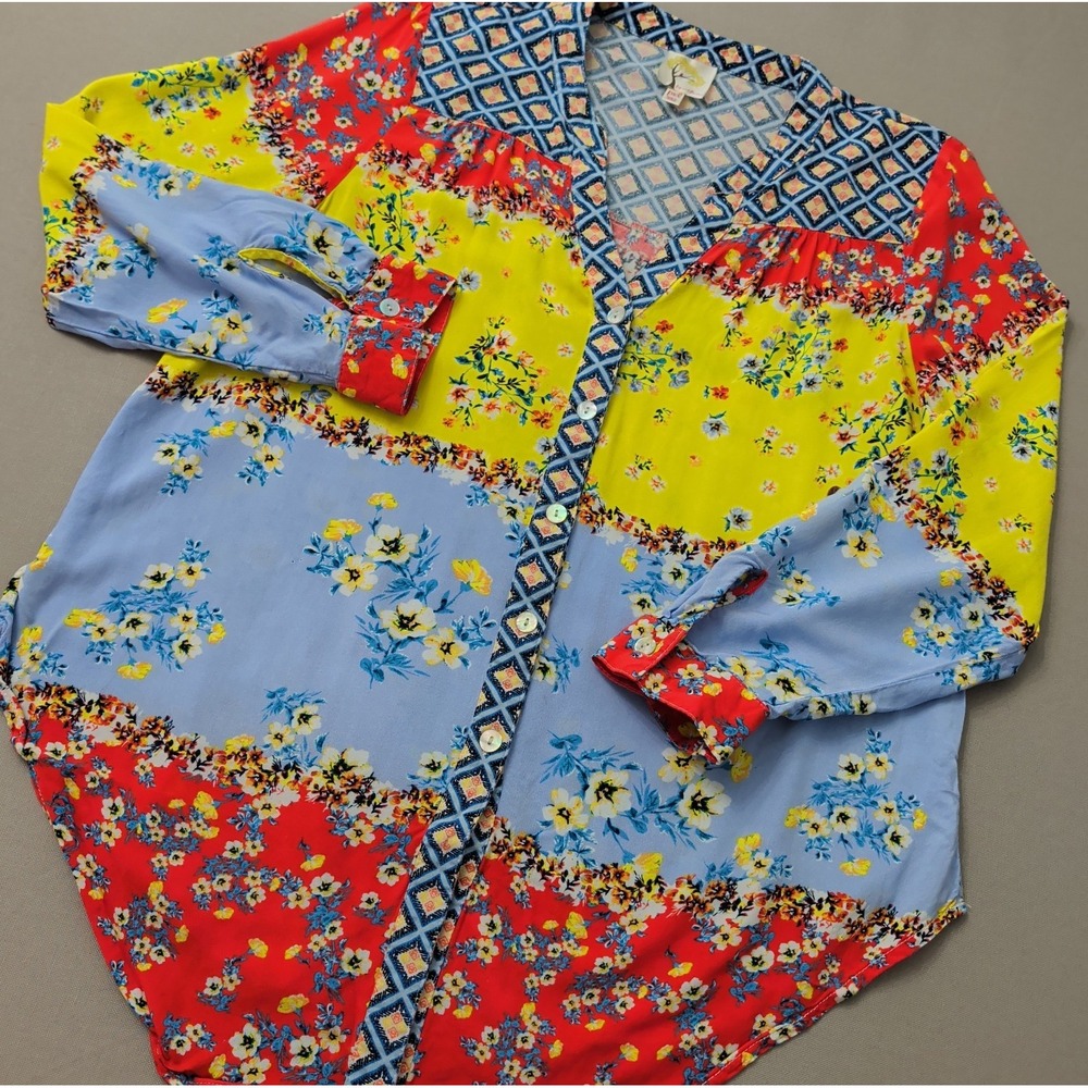 Fig & Flower Mixed Floral Print Button Up Roll Tab Slv Blouse Sz PXL Patchwork